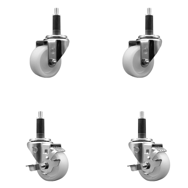 3'' SS Nylon Wheel Swivel 1'' Expanding Stem Caster Set 2 Brakes, 4PK